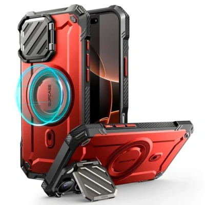 Abbildung von SupCase für iPhone 16 Pro Hülle mit Kameraschutz [Kompatibel MagSafe] Dünne Handyhülle Bumper Case Magnetische Schutzhülle Ständer [UB Mag XT] 6.3&#039;&#039; 2024 (Rot)