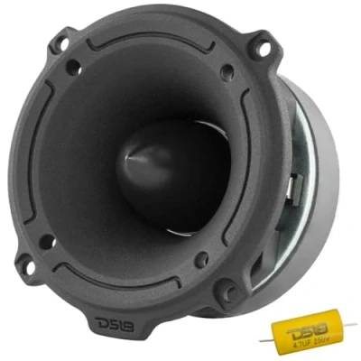 Abbildung von 1 DS18 PRO TW320 super hochtöner aus schwarzem Aluminium mit 250 watt rms und 500 max von 10,20 cm Durchmesser impedanz 4 ohm empfindlichkeit 107 db, stück + Einbaukondensator