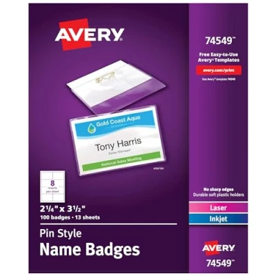 Abbildung von Avery Pin Style Namensschilder, 2,25 x 3,5 Zoll, weiß, Box mit 100 Stück (74549)