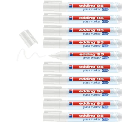 Abbildung von edding 95 Glasmarker weiß 10 Stifte Rundspitze 1,5 3 mm zum Schreiben und Markieren auf Glasoberflächen wie Fenster, Glasboards, Whiteboards trocken abwischbar