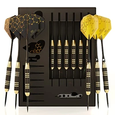 Abbildung von CC Exquisite Profi Stahl Spitze Darts Set Custom Schaft und Flight Setup 6 Messing Barrels 22 Gramm 12 Aluminium 35 and 48 mm Flights Standard Slim Sharpeners