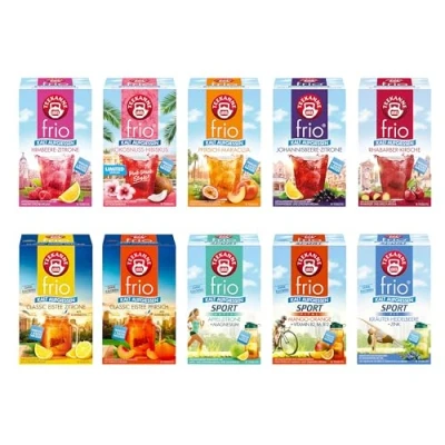 Abbildung von Teekanne frio Tee im 10er Früchte Pack, Sorten: Himbeer Zitrone, Johannisbeere Pfirsich Maracuja, Rhabarber Kirsche, Eistee &amp; mehr, je 18 Beutel á 2,5g