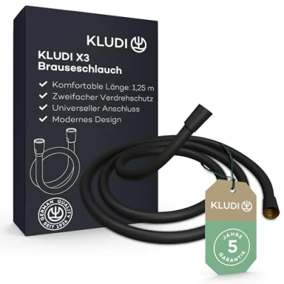 Abbildung von KLUDI X3 Universal Duschschlauch 1,25 m aus reinigungsfreundlichem Kunststoff, flexibler Brauseschlauch mit doppeltem Verdrehschutz, knickfest, Standard Anschluss, Schwarz Matt