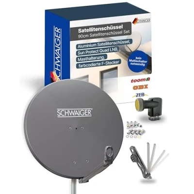 Abbildung von SCHWAIGER 4609 SAT Anlage Satelliten Set Satellitenschüssel Quad LNB digital 8X F Stecker 7mm Antenne aus Aluminium Komplettset Anthrazit 88 x cm