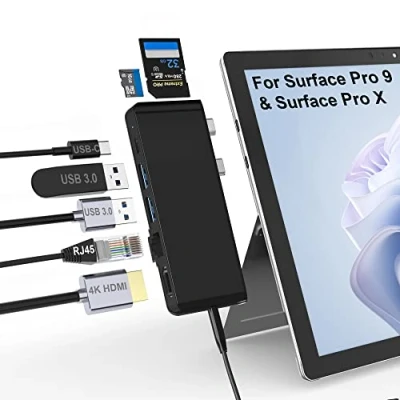 Abbildung von Surface Pro 11 10 9 Docking Station, Hub Adapter mit 100 Mbps LAN, 4K HDMI, 100W USB C (Display+Daten+PD Aufladen), 2 3.0, 3.5mm Audio, SD/TF Kartenleser für Microsoft