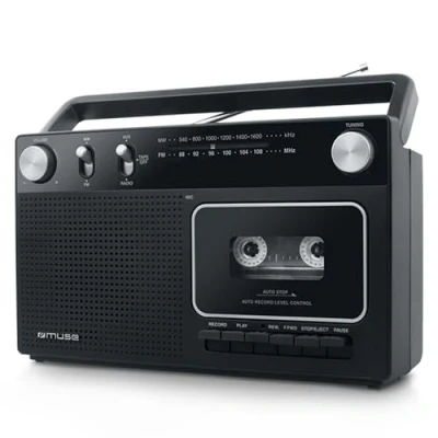 Abbildung von Muse M 152 RC Retro Kassettenrekorder mit Aufnahme Funktion, Batteriebetrieb möglich (UKW und MW Tuner, AUX Eingang, Teleskopantenne), schwarz