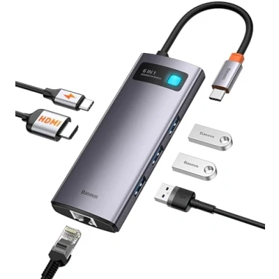 Abbildung von Baseus Metal Gleam 6 in 1, Multifunktions PC/Phone Hub Adapter, Grau, Anzahl Anschlüsse: 6, Eingang: USB Type C, Ausgang: A 3.0 X 3, C (PD), Reisegröße
