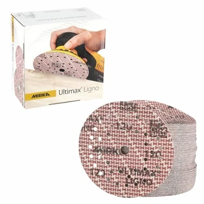 Abbildung von Mirka Ultimax Ligno Ø 125mm Schleifscheiben Klett Multifit/Korn 150/100 Stück/Multi Lochung/zum Schleifen von Holzoberflächen
