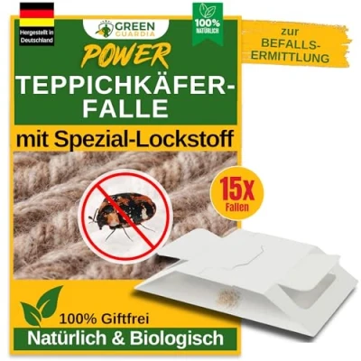 Abbildung von GREEN GUARDIA Teppichkäfer Falle mit Spezial Lockstoff 15x Fallen umweltfreundlich bekämpfen, Chemiefreie starker Klebefläche, giftfrei &amp; geruchsneutral