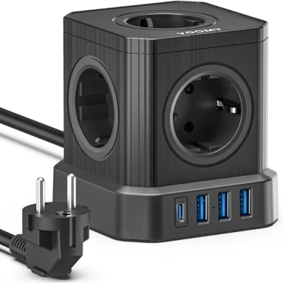 Abbildung von Voomy 9 in 1 Mehrfachsteckdose Mit USB, Steckdosenleiste 4000W, 2M Verlängerungskabel, Steckdosenwürfel, Mehrfachstecker Schalter, Steckerleiste, Verteilersteckdose, USB C, Schwarz