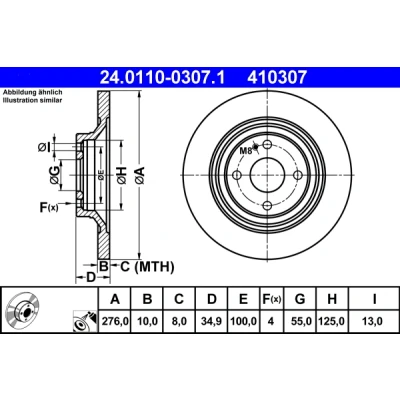 Abbildung von ATE 24.0110 0307.1 Bremsscheibe 276,0 10,0 4 100,0 voll beschichtet MAZDA: MX 5 2