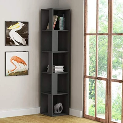 Abbildung von HOCUS PICUS Modern Piano Eck Bücherregal mit 5 Ebenen Platzsparendes Holzregal für Wohnzimmer, Büro und Schlafzimmer 31,4 x 158,9 cm Anthrazit Grau