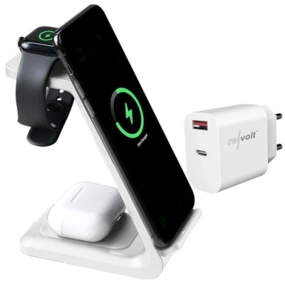 Abbildung von Callstel Tisch Ladestationen: 3in1 Ladestation 20 W für iPhone, Apple Watch &amp; AirPods, mit Netzteil (Schnellladestation Apple, Charger Portable, Ladekabel)