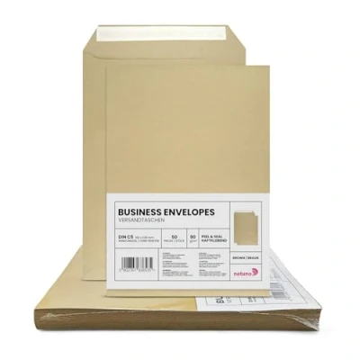 Abbildung von Netuno 50x Versandtasche braun DIN C5 162 x 229 mm 90g großer Briefumschlag Maxibrief haftklebend ohne Fenster Umschlag groß Briefkuvert a5 envelope big brown große Papier