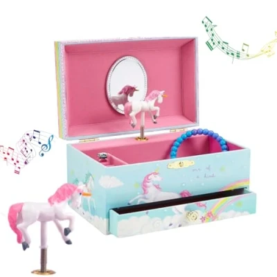 Abbildung von Jewelkeeper Musikalische Schmuckkästchen mädchen mit ausziehbarer Schublade, Regenbogen und Blau einhorn Design Spieluhr Das Beautiful Dreamer Song, Ideal geschenke für