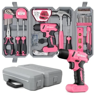 Abbildung von Hi Spec 58 tlg. Werkzeugkoffer in Pink, gefüllt mit 8V USB Akkuschrauber für Frauen. Perfektes Werkzeugset Haushalt, DIY Reparaturen und Wartung.