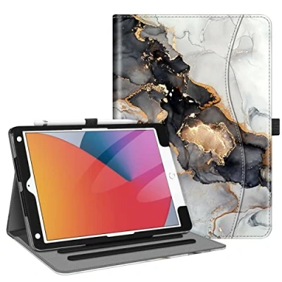 Abbildung von Fintie Schutzhülle für iPad 9. / 8. 7. Generation (2021/2020/2019) 10,2 Zoll [Eckenschutz] Multi Winkel Standabdeckung mit Tasche und Stifthalter, automatischer Schlaf /Wachmodus, bewölkter Marmor