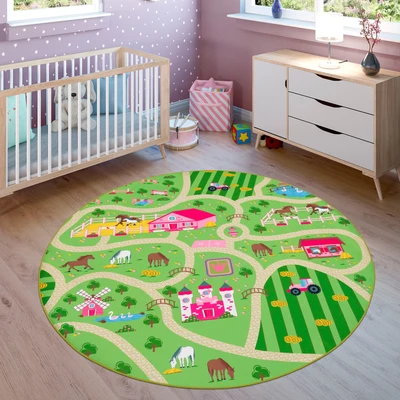 Abbildung von Paco Home Kinderteppich &quot;Bino 560&quot;, rund, Kurzflor, Straßen Spiel Teppich, Motiv Bauernhof, Kinderzimmer