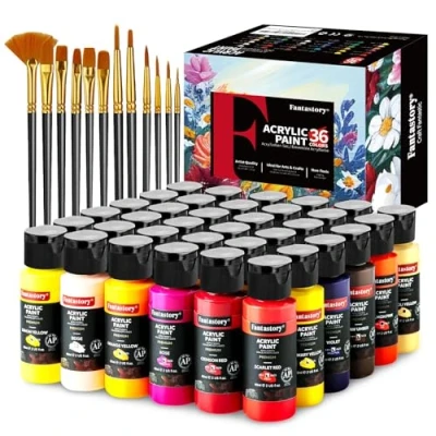 Abbildung von Fantastory Oster Acrylfarben Set, 60mlx36 klassische Acrylic Paint,12 Pinseln;wasserfest,hohe Lichtechtheit,ungiftig;für Leinwand,Holz,Keramik,Modelle,Stoffe;Maler,Erwachsene[ProfessionelleSerie]