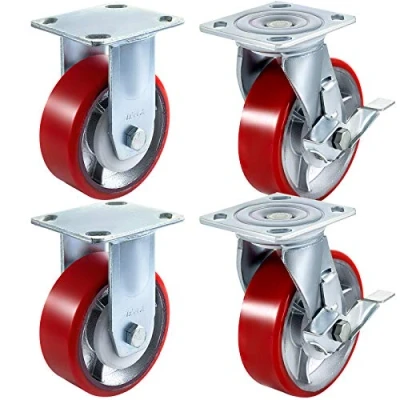 Abbildung von VEVOR 4er Pack 6 x 2 Zoll Lenkrollen, starre und Lenkrollen mit Seitenbremse, Schwerlastrollen Polyurethan Eisenkernplatte, Industrierollen 1000 Pfund (ca. 454 kg) Kapazität pro Rad