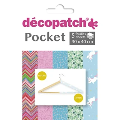 Abbildung von Decopatch Décopatch DP030C Packung Déco Pocket mit 5 Blatt 30x40 cm in verschiedenen Designs, praktisch und einfach zum Verwenden, ideal für Ihre Pappmachés Bastelprojekte, 1 Pack