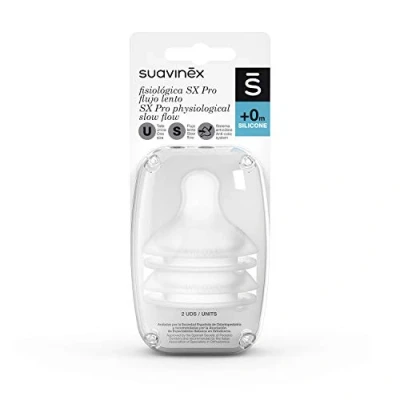 Abbildung von Suavinex, 2 Stück Symmetrischer Sauger SX Pro Silikon Slow Flow (S), 0 Monate, für Neugeborene, mit Anti Kolik Ventil, respektiert die Mundentwicklung, Transparent