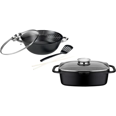 Abbildung von GSW Topf Set &quot;Gourmet Granit&quot;, Gusseisen, (Set, 4 tlg., 1 Bräter 32cm, Wok Ø32cm, mit Deckel, Gittereinsatz, Pfannenwender), Induktion
