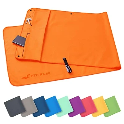 Abbildung von Fit Flip Fitness Handtuch aus Mikrofaser mit Magnet und Reißverschluss Tasche Fitnesshandtuch für Sport Gym Kompakt &amp; Schnelltrocknend Sporthandtuch Fitnessstudio Orange 130x48cm