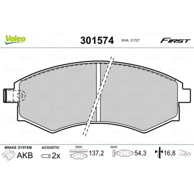 Abbildung von VALEO 301574 Bremsbelagsatz FIRST Vorderachse inkl. Verschleißwarnkontakt ohne Anti Quietsch Blech HYUNDAI: Matrix, SONATA 4, Elantra III Schrägheck