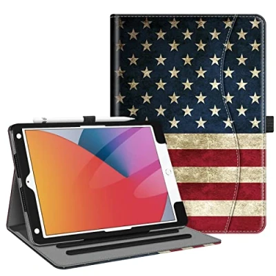 Abbildung von Fintie Hülle für iPad 9. / 8. 7. Generation (2021/2020/2019) 10,2 Zoll [Eckenschutz] Multi Winkel Standabdeckung mit Tasche &amp; Stifthalter, Auto Sleep Wake, US Flagge