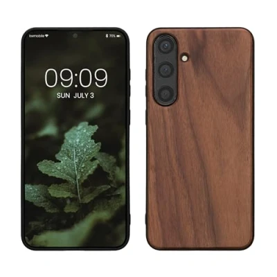 Abbildung von kwmobile Hülle kompatibel mit Samsung Galaxy S24 Plus Holz Case stoßfestes Handy Cover TPU Handyhülle in Dunkelbraun
