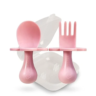 Abbildung von Grabease Kleinkindutensilien Kleinkindlöffel und gabeln Babybesteck Kleinkindgabel, Bpa frei Phthalatfrei für Babys Kleinkinder, 1 Set, Rouge