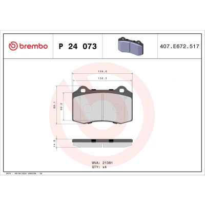 Abbildung von BREMBO P 24 073 Bremsbelagsatz exkl. Verschleißwarnkontakt ohne Zubehör FORD: Focus Mk1 Schrägheck, CITROËN: DS3 Schrägheck