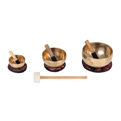 Abbildung von Handgefertigte tibetische Klangschalen aus Indien inkl. Unterlage &amp; Holzklöppel (Ø11 + 15 19 cm) Singing Bowl Set Klangtherapie, Meditation, Achtsamkeit, Entspannung