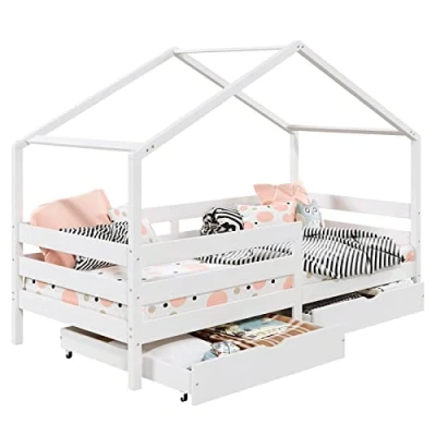 Abbildung von IDIMEX Kinderbett ENA, Hausbett Montessori 90 x 200 Rausfallschutz Kiefer Schublad