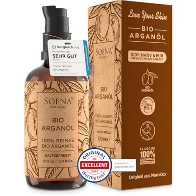Abbildung von ARGANÖL BIO KALTGEPRESST 100% Rein Für Haare Haut &amp; Nägel Pipette+Pumper Original aus Marokko 100ml im lichtgeschützten Braunglas Kosmetik Feuchtigkeitspflege von Soena