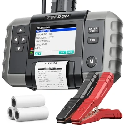 Abbildung von TOPDON BT600 Autobatterietester, Batterietester KFZ 12V 24V, 12V/24V Starttester 100 2000 CCA Autobatterie Tester, 3.5 Zoll Farbbildschirm, Berichte in Echtzeit Gedruckt