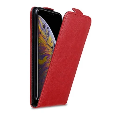 Abbildung von Cadorabo Hülle kompatibel mit Apple iPhone XS MAX Flip Design aus Premium Kunst Leder Klappbare Stoßfeste Magnetische Cover für Tasche in Rot