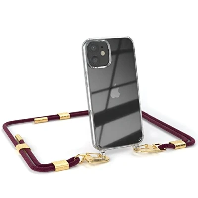 Abbildung von EAZY CASE kombinierbare Handyketten kompatibel mit iPhone 12 Mini, Transparente Silikon Hülle stylischen Umhängeband, Abnehmbarer Karabiner, Band, zum Umhängen, Beere Clips Gold