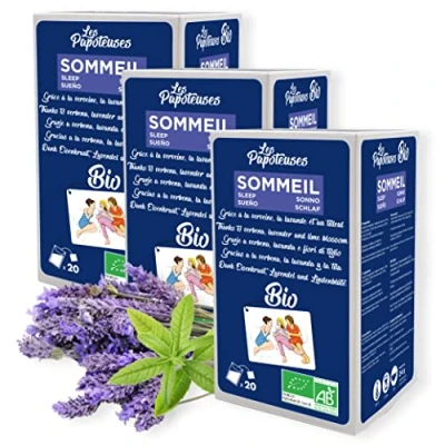 Abbildung von Les Papoteuses Bio Schlafkräutertee (dank Eisenkraut, Lavendel und Linde) Aufguss 20 Teebeutel Lavendel, Linde, Majoran Orangenschale Set mit 3 Schachteln