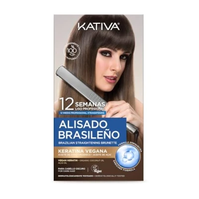 Abbildung von Kativa Brasilianisches Haarglättungsset für dunkles oder gefärbtes Haar Neue Formel mit veganem Keratin, professionelle Haarglättung zu Hause, bis 12 Wochen lang einfach anzuwenden