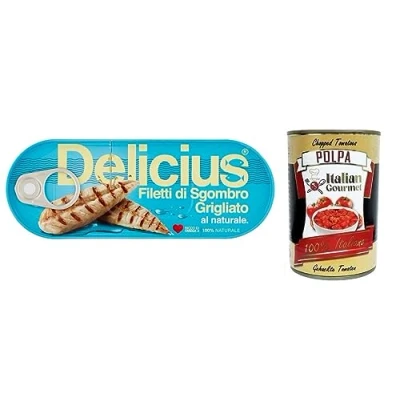 Abbildung von 14x Delicius Filetti di Sgombro Grigliati al Naturale,Natürliche Gegrillte Makrelenfilets,reich an Omega 3,Hochwertiger Blauer Fisch,110g Dose + Italian Gourmet Polpa Pomodoro 400g