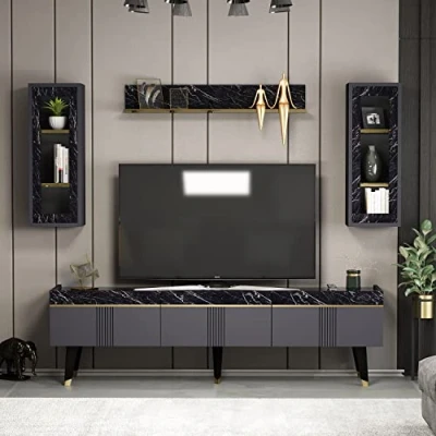 Abbildung von Homidea KARYA Wohnwand Wohnzimmer TV Set Schrank Lowboard Fernsehtisch Möbel mit 3 Türen in modernem Design (Anthrazit/Marmor)