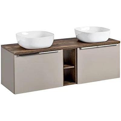 Abbildung von Lomadox Badmöbel Waschtisch Unterschrank Set 140cm, Taupe mit Vintage Oak Eiche, 2 Keramik Waschbecken, Softclose Schubkästen, Regal, B/H/T 140,4/62,5/46 cm