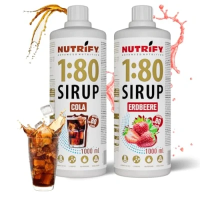 Abbildung von NUTRIFY Vital Fitness Drink 1:80 Sirup 2x1 L Set Cola &amp; Erdbeere, Getränkekonzentrat mit Vitaminen Carnitin zuckerfrei 160 Liter Sportgetränk kalorienarm 2er Pack, 2x 1000 ml
