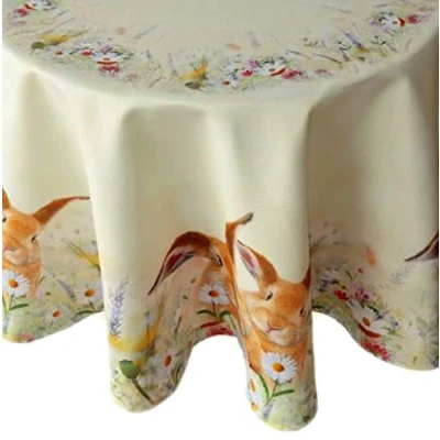 Abbildung von Raebel Tischdecke Hellgelb/Mehrfarbig Stickerei Motiv Hasen auf Frühlingswiese Ostern (170 cm rund)
