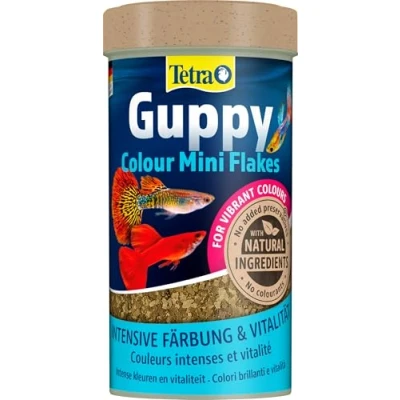 Abbildung von Tetra Guppy Colour Mini Flakes Fischfutter für alle Guppys, feines Flockenfutter kräftige Farben, 250 ml Dose