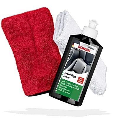 Abbildung von Auto Lederpflege Set Sonax LederPflegeLotion 250ml + Mikrofasertuch 40x40cm Detailing Handschuh Lederreiniger &amp; Leder Pflege