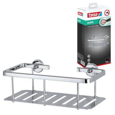 Abbildung von tesa Duschablage ALUXX Duschablagekorb ohne Bohren 9,2 cm : 25 12,5 cm, Packung 1 tlg., selbstklebend Hängeregal für die Dusche chrom silber glänzend