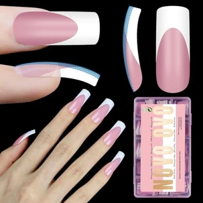 Abbildung von NOVO OVO Mittelgroße, leicht gebogene, WEISS French Tip Nagelspitzen, BEERENROSA vollständige Abdeckung zum Aufdrücken von Acryl, extra dicker, weicher Gel Kunstnagel, Aufbaugel x 15 Größen, 240 Stück